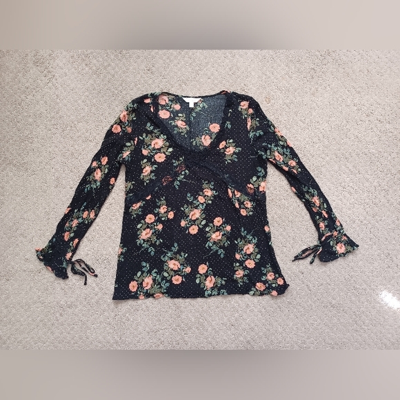 LC Lauren Conrad Women's Polka Dot Floral Blouse - Black (Large) - Picture 3 of 6